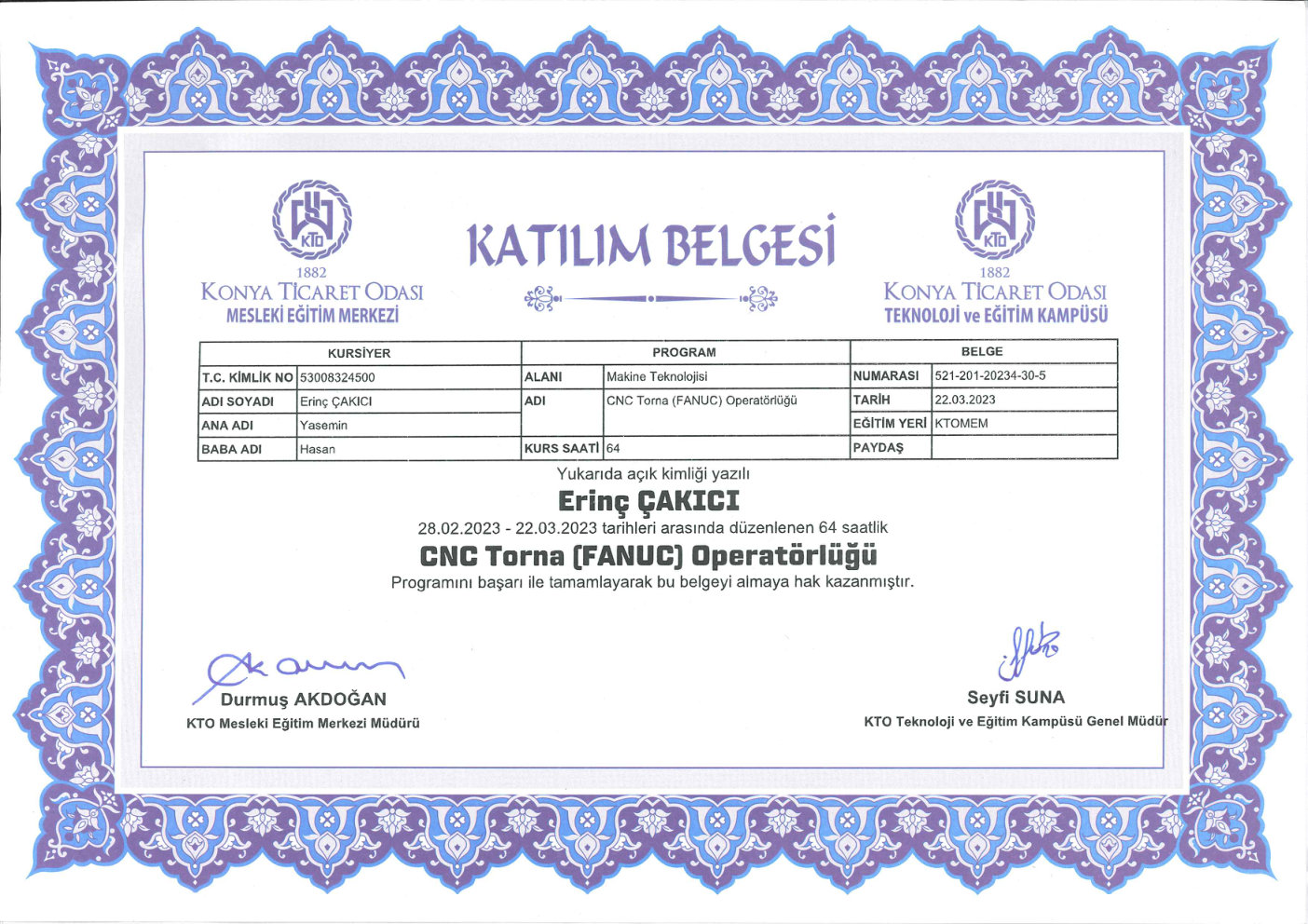CNC Operatörlüğü Belgesi